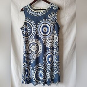 Navy & White Sleeveless Medallion Print Shift Midi Dress Womans L